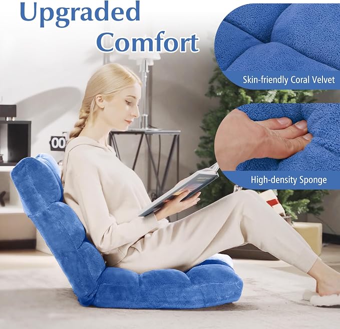 14-Position Lazy Sofa Chair with Soft Coral Fleece, Folding Gaming Chair, Couch Recliner, Floor Seat for Reading, Meditating, Yoga (Blue) - Image 3