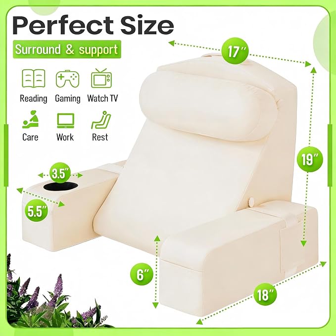 19 INCH Reading Pillow for Adults, Back Pillow for Bed Sitting Up, Backrest Pillow for Sitting in Bed, Detachable Arms with Built-in Cup & Phone Caddy (Beige, 19 INCH) - Image 5