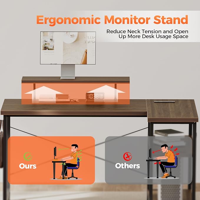 Mericonia 55 in L Shaped Gaming Desk, Large Corner Desk with Monitor Stand | Reversible Computer Desk with Power Outlets, LED Light & Storage Shelves, Office Table for Home Bedroom Study Work Writing - Image 4