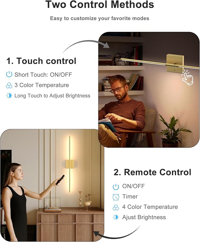 Battery Powered Wall Sconce Set of Two: Gold Wireless Rechargeable Wall Lights with Touch and Remote Control, 360°Rotatable 4CCT Dimmable Cordless Scone Lighting Decor for TV Wall Bedroom Bathroom - Image 7