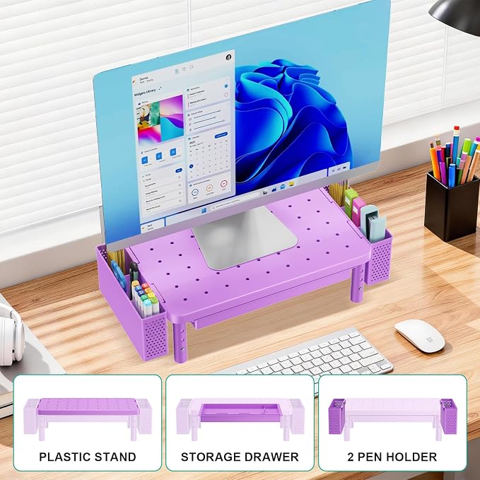 WALI Computer Monitor Stand with Storage and Pen Holder | 3 Height Adjustable Desk Organizer with Drawer, Desk Laptop Monitor Riser for Computer, Printer(PTT003-V), 1 Pack, Violet - Image 8