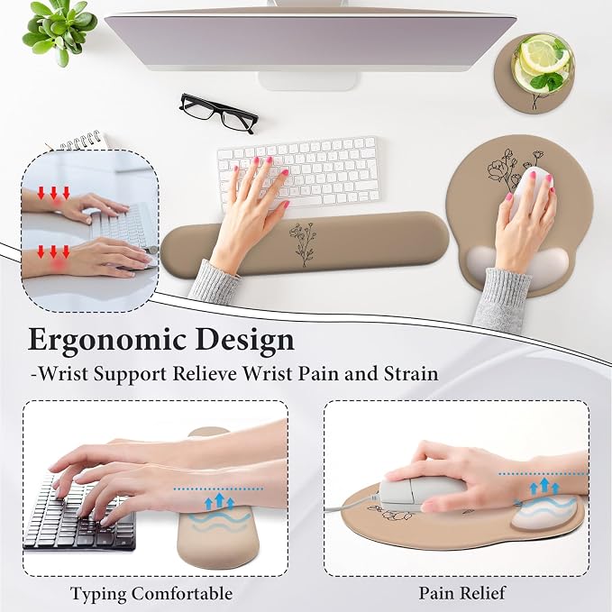 3 in 1 Ergonomic Mouse Pad and Keyboard Wrist Rest with Coaster Set-Brown - Image 2