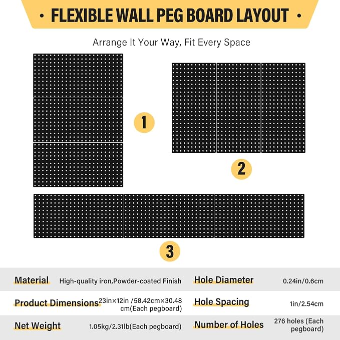 DEWEL 3 Pack Black Metal Pegboard, 23x12 Inch Wall Organizer with Hooks - Image 7