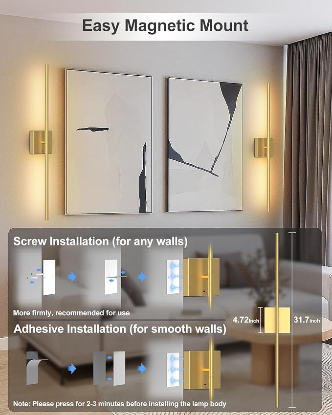 Battery Powered Wall Sconce Set of Two: Gold Wireless Rechargeable Wall Lights with Touch and Remote Control, 360°Rotatable 4CCT Dimmable Cordless Scone Lighting Decor for TV Wall Bedroom Bathroom - Image 8