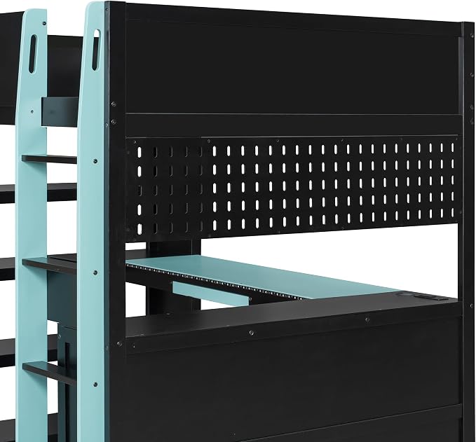 Merax Full Size Gaming Loft Bed with Desk and RGB LED Lights, Pro-Gamer Bed with Power Outlet, Large Bookshelf, Pegboard, Keyboard Tray & Drawer, Blue - Image 8