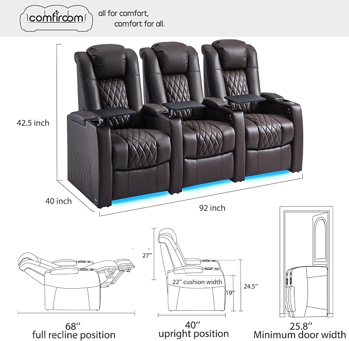 comfiroom Top-Grain Leather Home Theater Seating, Dual-Motor Power Recliner - Image 2
