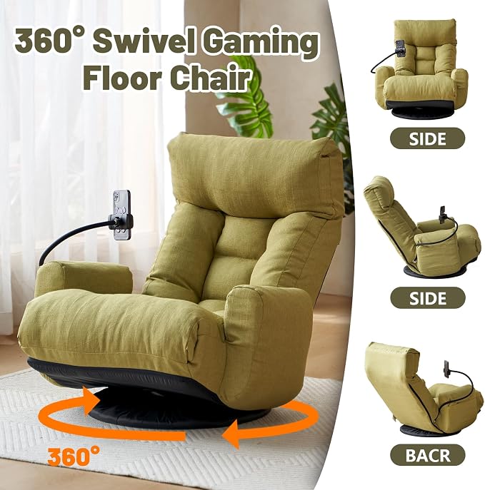 360° Swivel Gaming Floor Chair, 5 Position Adjustable Folding Sofa Chair with Armrests & Phone Holder, Cushion Padded Indoor Chaise Lounge for Adults, Home Office Floor Leisure Chairs, Green - Image 4