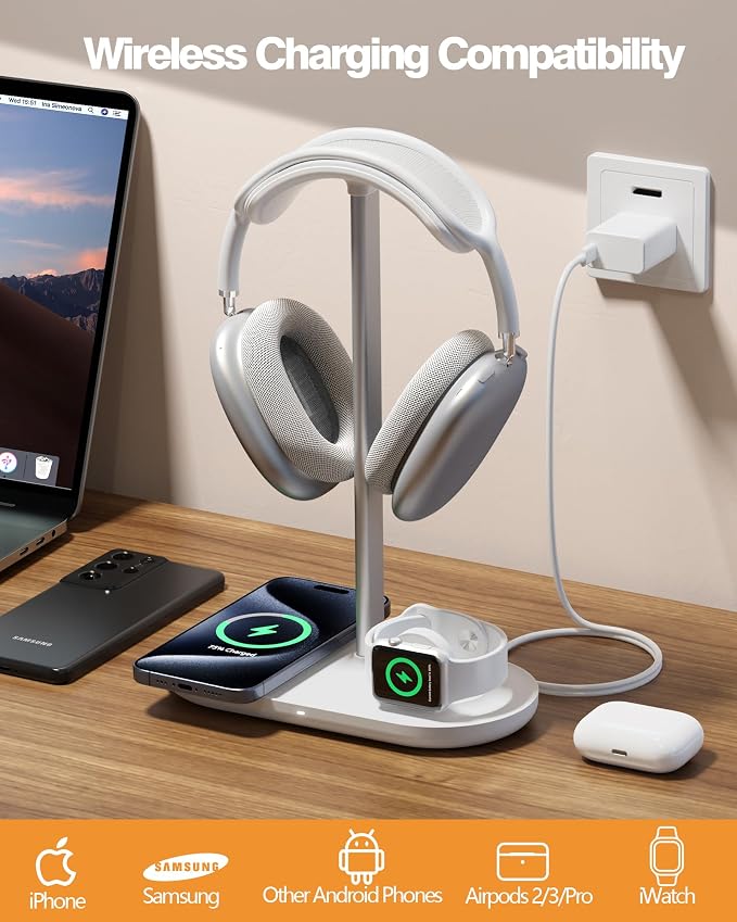 HiWe Headphone Stand, 2-in-1 MagSafe Wireless Charger for iPhone/iWatch | Headset Holder for All Headphones, Aluminum Alloy Bar, ABS Solid Base, PU Headrest, Table Desk Organizer - Image 3
