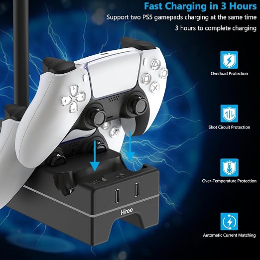 PS5 Controller Charger with USB Charging Port and AC Outlet, RGB DualSense Charging Station Dock for Playstation 5 Controllers with Headphone Stand, PS5 Accessories - Image 4