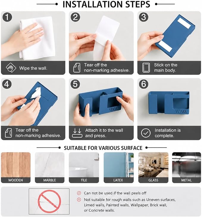 Strong Adhesive Wall Mount Phone Holder D3 Punch-Free Bedside Phone Shelf with Charging Port, Sticky Remote Control Storage Box, Bathroom & Kitchen Wall Organizer (Blue) - Image 7