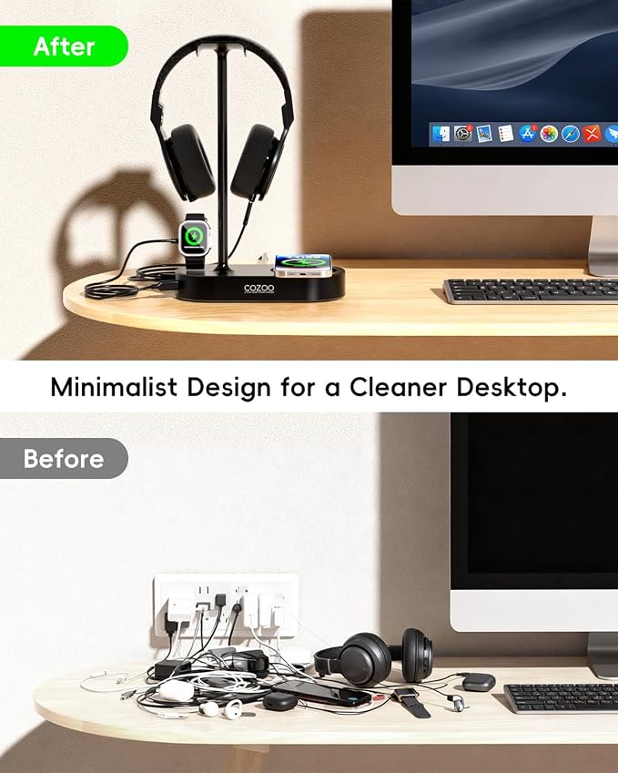 COZOO Headphone Stand with Fast Wireless Charging Pad and 2 USB Charging Ports, Suitable for Gaming, DJ, Wireless Earphone Accessories - Image 5