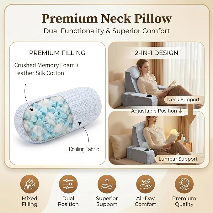 Reading Pillow for Adults, Back Pillow for Bed Sitting Up, Backrest Pillow for Sitting in Bed, Detachable Arms with Built-in Cup & Phone Caddy (White Cooling - Polka, 21 INCH) - Image 4
