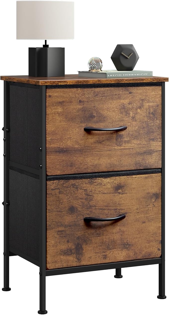 WLIVE Night Stand, Small Dresser with 2 Drawers & Wooden Top, Nightstand with Fabric Bins, Bedside Table End Table for Bedroom, Closet, Entryway, College Dorm, Rustic Brown by WLIVE