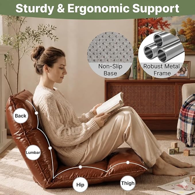 Floor Chair with Back Support, 42-Position Adjustable Gaming Chair for Adults, Faux Leather Floor Lounger, Reading Chairs with Neck Support, Foldable Floor Seat for Sleeping, Gaming (Brown) - Image 3