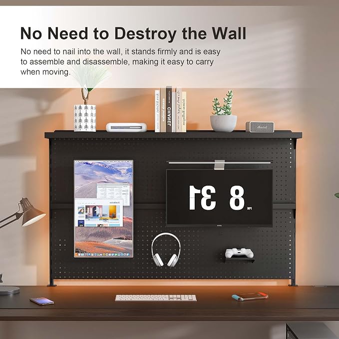 Metal Pegboard Desk Organizer with Dual Monitor Stand, 59x35 Inch Clamp-On Privacy Panel, Carbon Steel Gaming Desk Wall Organizer with 3 Accessories, Black Office Desk Storage System - Image 4