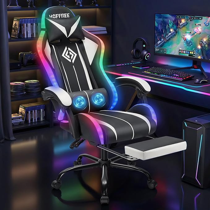 RGB Gaming Chair with LED Lights Massage Ergonomic Computer Chair-White | High Back Video Game Chair with Footrest & Adjustable Lumbar Support Gamer Chairs for Adults Racing Style Recline - Image 3