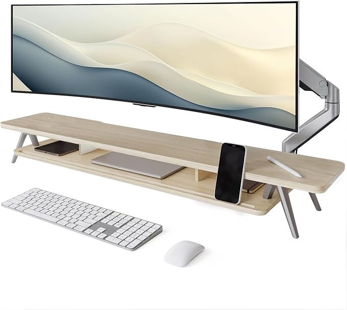 Fenge Dual Monitor Stand Riser, Wooden Desk Shelf with 2-Tier Storage | 47.2-Inch Extra Wide, Sturdy Aluminum Legs, Built-In Phone & Tablet Slot, Desktop Organizer for Office Accessories by Fenge