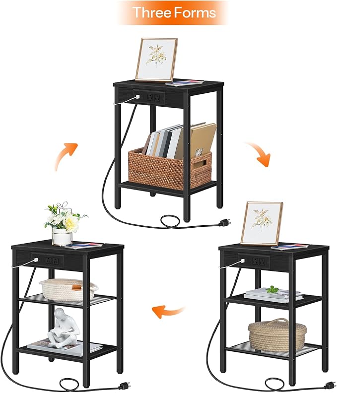 HOOBRO Side Table with Charging Station and USB Port, Small End Table for Small Space, 3-Tier Nightstand with Adjustable Shelf, for Living Room, Bedroom, Black BB112BZ01 - Image 7