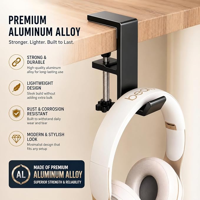 JAKO Headphone Stand - Aluminum Alloy Headphone Holder, Under Headset Stand for Desk Fit for PC Gaming Headset Hanger Hook Suitable for Office, Computer, Student Class Desk, Handmade Creator Table - Image 3