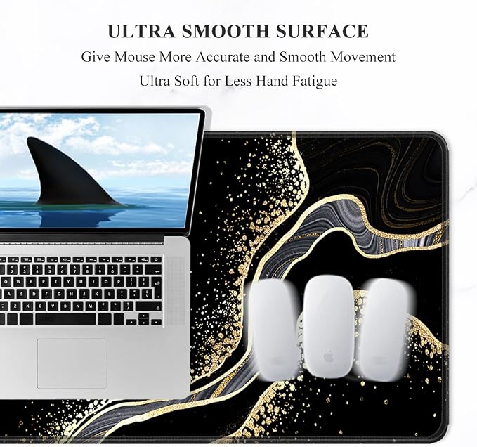 Auhoahsil Desk Pad, XL Extended Large Gaming Mouse Pad 31.5 x 11.8 Inch, Waterproof Mousepad with Stitched Edges, Non-Slip Computer Keyboard Laptop Mat for Women Men Office Work, Black Gold River - Image 3
