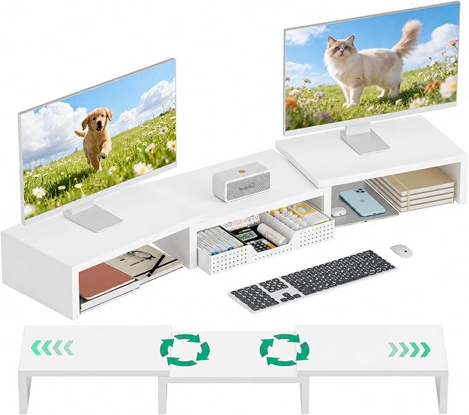 OPNICE Dual Computer Monitor Stand Riser, Desk Organizer with Drawer, Office Desk Accessories & Workspace Organizers for Home Office Supplies, White by OPNICE