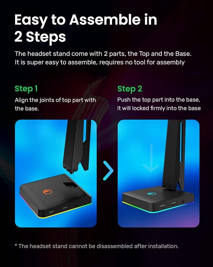 RGB Gaming Headset Stand with 2 USB Ports, Game Headphone Mount for PC, Xbox One, PS4, Switch, Earphone Holder Hanger, Great for Gaming Stations, Fancy Desk Gamer Accessories, Black - Image 6