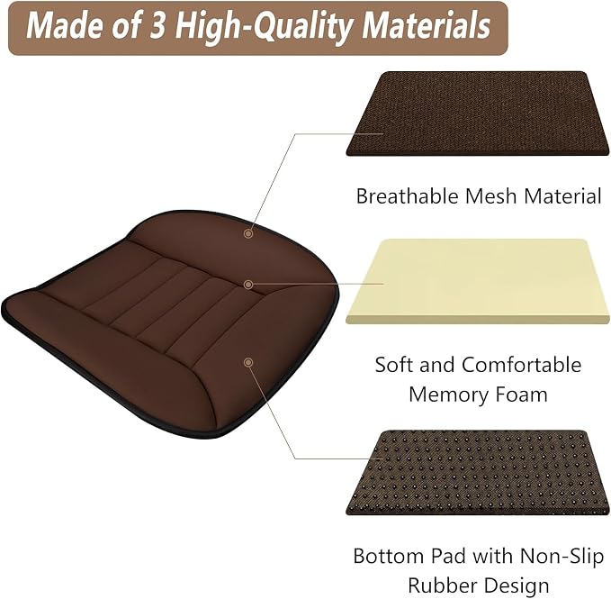 MYFAMIREA 2PCS Car Seat Cushion Pad 1.2" Thick Comfort Seat Protector for Car Driver Seat Office Chair Home Use Memory Foam Seat Cushion with Non Slip Bottom, 20'' x 18.5'', Coffee - Image 6