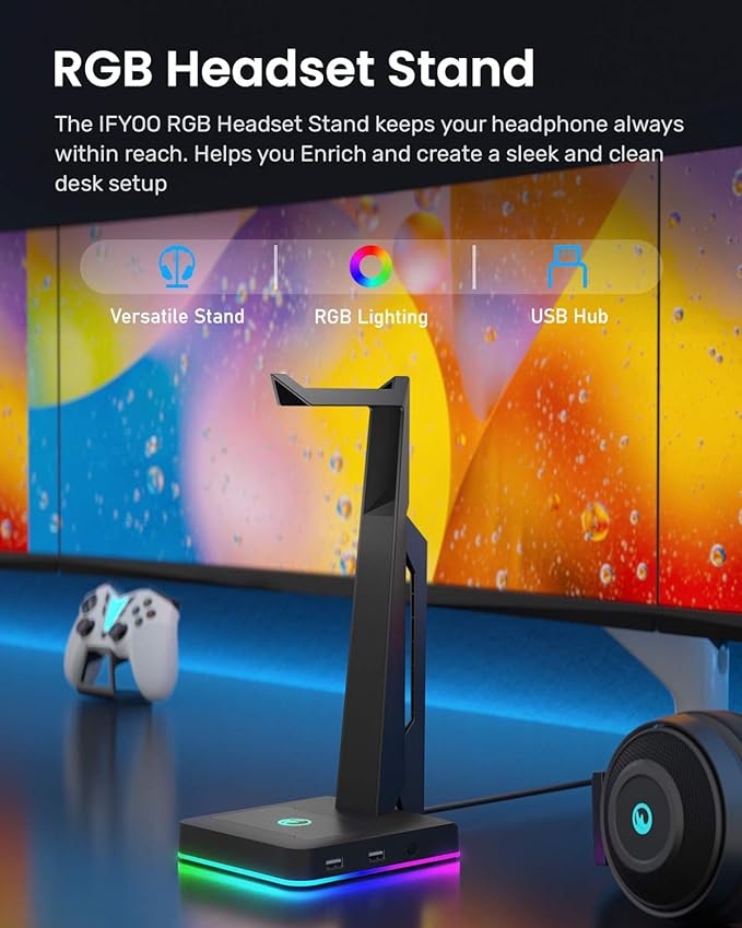 RGB Gaming Headset Stand with 2 USB Ports, Game Headphone Mount for PC, Xbox One, PS4, Switch, Earphone Holder Hanger, Great for Gaming Stations, Fancy Desk Gamer Accessories, Black - Image 2