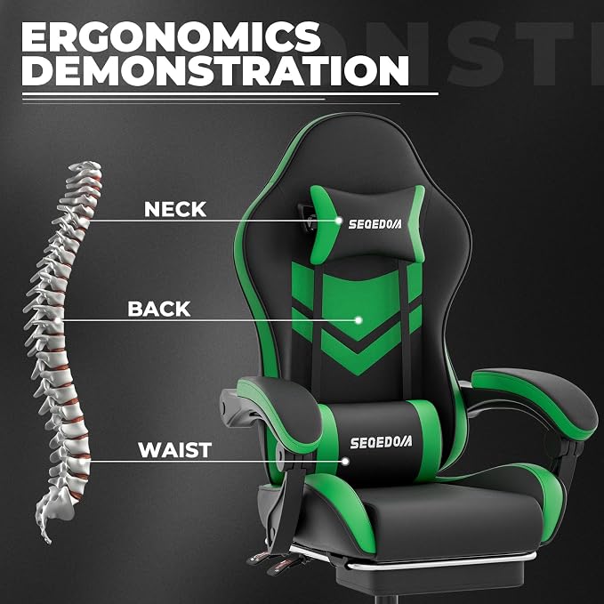 Gaming Chair with Footrest & Massage Lumbar Support, PU Leather Ergonomic High Back Swivel Height Adjustable Chair for Adults, Office Gaming, 300 lbs (Black Green) - Image 7