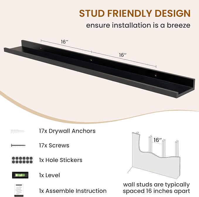 Picture Ledge Shelf, Floating Shelves for Wall Decor, Black, Set of 6, 48'' - Image 5