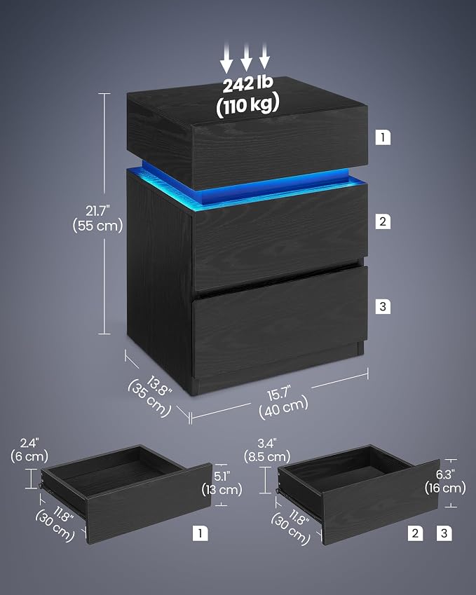 VASAGLE LED Nightstand with Charging Station, 3 Drawers - Image 2