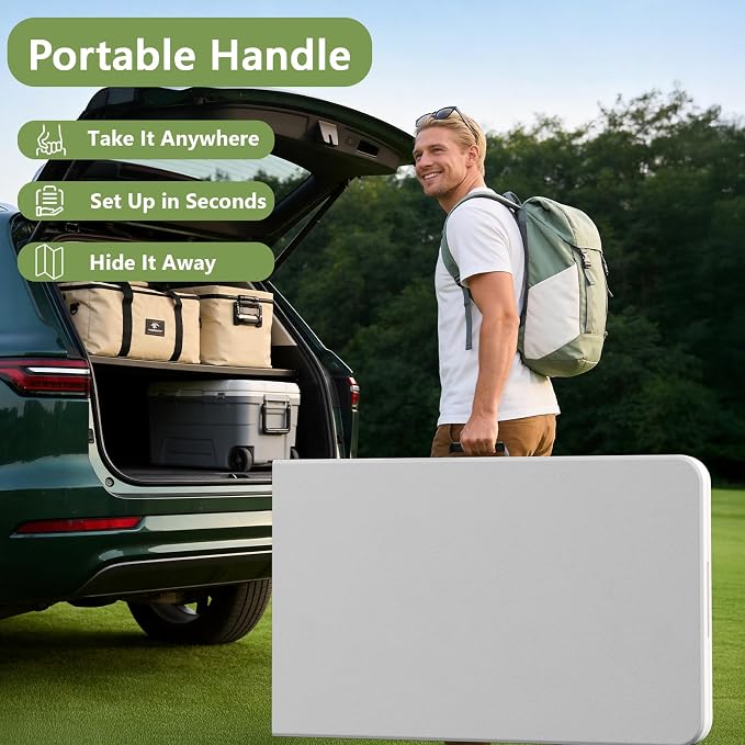 8FT Folding Table, Heavy Duty Plastic Fold-in-Half Utility Table with Handle, Portable Camping Picnic Table with Steel Legs for Indoor Outdoor Party, Dining, White - Image 8