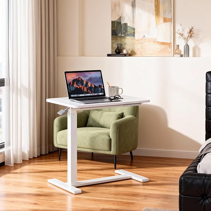 Overbed Table with Pneumatic Height Adjustment, Hidden Casters Rolling Bedside Table, Hospital Bed Table Mobile Laptop Standing Desk for Hospital Home Use, White - Image 2