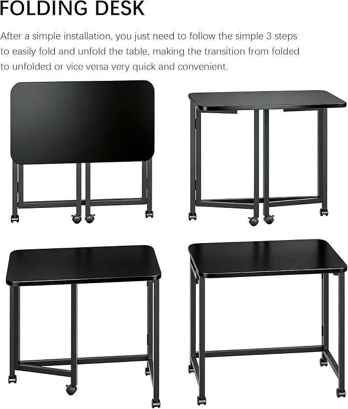 JSB Folding Desk for Small Spaces,Mobile Portable Rolling Laptop PC Table on Wheels,Foldable Computer Desk for Home Office,Bedroom,Dorm,Space Saving (All Black, 23.6") - Image 5