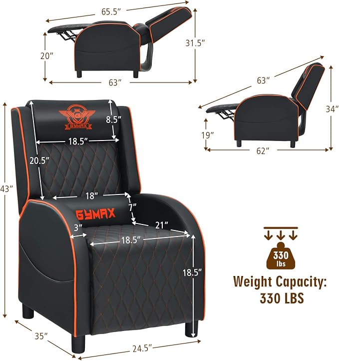 GYMAX Massage Gaming Recliner Chair, Ergonomic Racing Style Single Sofa with Adjustable Headrest, Backrest & Footrest, Home Theater Sofa for Living Room Office (Orange) - Image 3