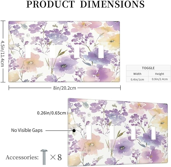 Decorative Switch Plate Covers Purple Floral Watercolor Wildflower 4 Gang Light Switch Cover Plate Quad Toggle Wall Plate 4 Hole Electrical Switchplatedimmer Faceplate for Bedroom Decor - Image 5