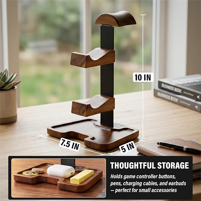 Gaming Equipment Headset Stand with Dual Controller Organizer Rack & Storage Base, Headphone Stand Gamer Gifts for Men Teenage Boy, Unique Gifts for Gamers to Organize Gaming Accessories (Brown Wood) - Image 7