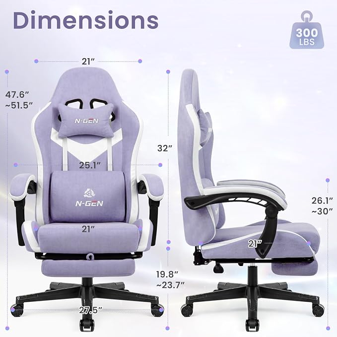 N-GEN GAMING Gaming Chair, Reclining Backrest, Footrest, Fabric, Purple | Ergonomic Design with Reclining Backrest, Linkage Armrests and High-Density Foam, Comfy Seating for Computer or Home Office - Image 3