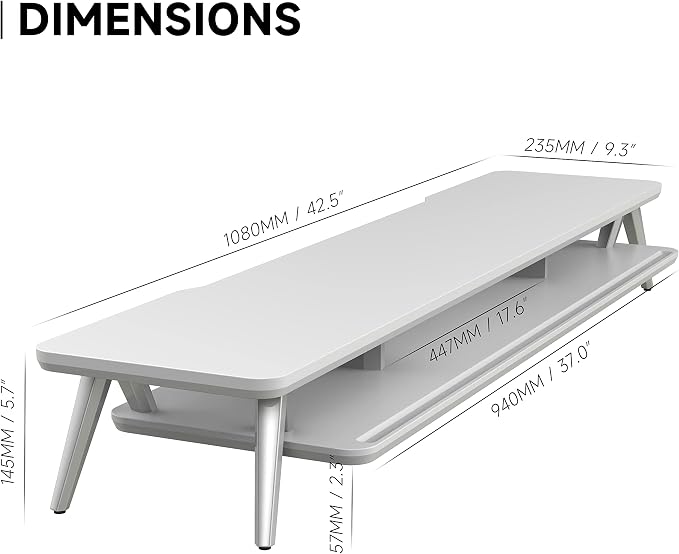 Fenge Dual Monitor Stand Riser, Wooden Desk Shelf with 2-Tier Storage | 42.5-Inch Wide, Sturdy Aluminum Legs, Built-In Phone & Tablet Slot, Desktop Organizer for Office Accessories - Image 7