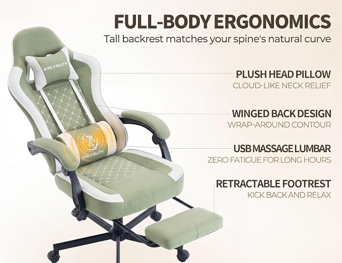 Office Desk Computer Gaming Chair for Adults, Ergonomic High Back Gamer Chair with Massage and Pocket Spring Cushion, Swivel Comfy Video Game Chairs with Footrest and Lumbar Support (Green White) - Image 5