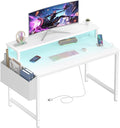 Lufeiya Small White Desk with LED Lights and Power Outlets, 32 Inch Home Office Computer Desks with Monitor Stand, Teen Writing Study Table Gaming Desk with Charging Station, White by LUFEIYA