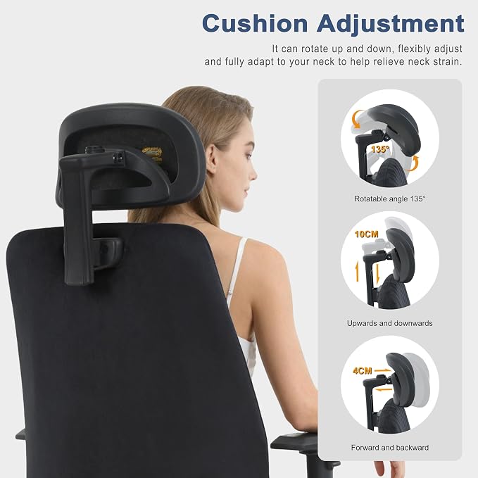 Office Chair Ergonomic with 109° Rocking Function, Breathable Suede Fabric, Integrated Lumbar Support, Adjustable Headrest & Armrests, Swivel Desk Chair - Image 8