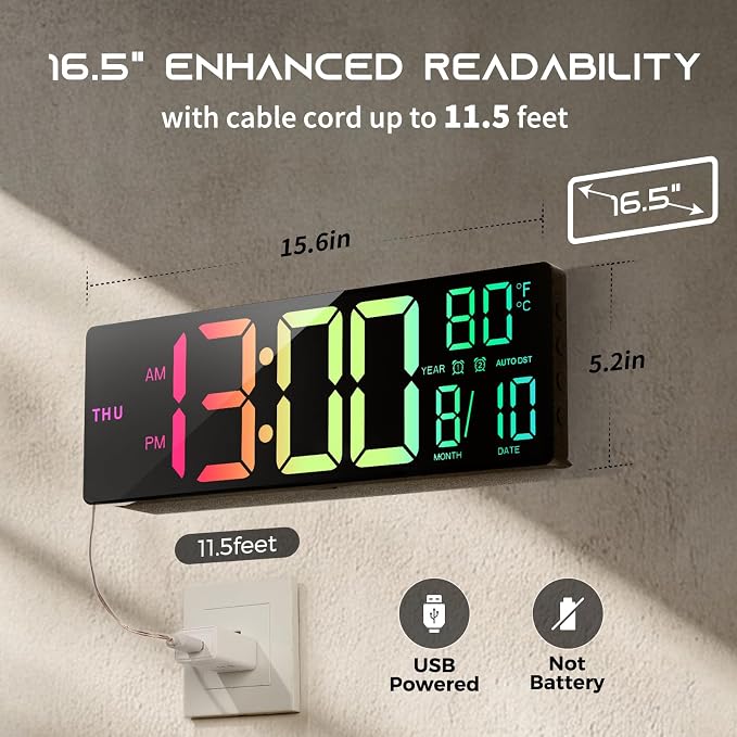 EASYERA 16.5" Large Digital Wall Clock with BT Sync,11 RGB Lights - Image 6