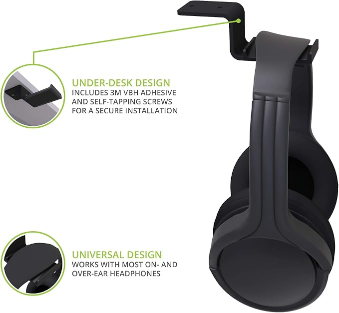 Kanto HH Universal Under Desk Headphone Hook - Black - Solid Steel Construction - Mount Using 3M Adhesive or 2 Included Screws - Image 3