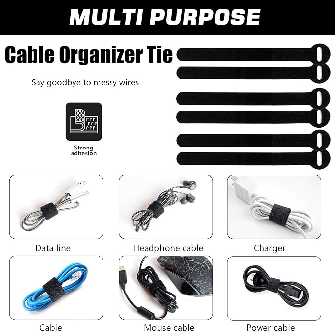 200PCS Reusable Fastening Cable Ties, 6-Inch Cable Straps Cable Management, Multi-Purpose Hook & Loop Cord Organizer Wire Ties, Adjustable Cable Organizer Cord Ties, Microfiber Cloth Straps, Black - Image 5