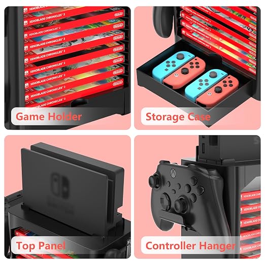 Multifunctional Game Disk Storage Tower for Nintendo Switch/OLED, Organizer Station with 10 Game Case Slot, Controller Stand with 4 Controller Rack Holder and Joy-Con Drawer for Switch Accessories - Image 3