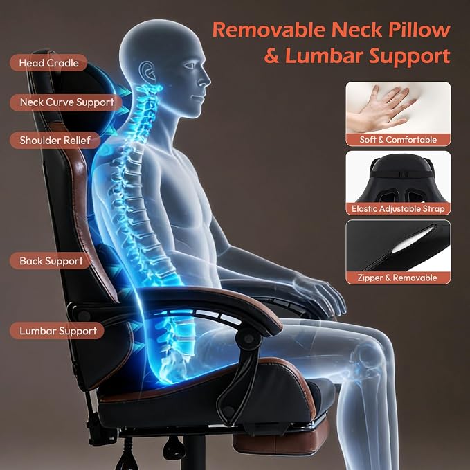 Ergonomic Gaming Chair for Adults with Footrest - PU Leather Computer Gamer Chair with Memory Foam Headrest & Lumbar Pillow, Reclining Silla Gamer Video Game Chair for Home Office, Black & Brown - Image 7