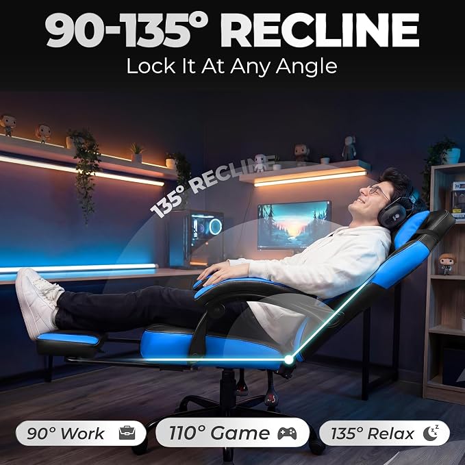 N-GEN GAMING Big & Tall Gaming Chair with Footrest, Lumbar Support, Blue | Ergonomic High-Back Chair for Adults, Padded Wide Seat with Heavy-Duty Base, Reclining Comfort for Computer, Office/Home Use - Image 7
