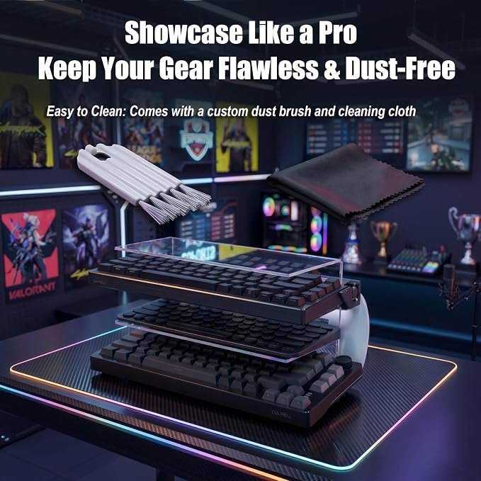 Keyboard Stand & Organizer, 3-Tier Transparent Acrylic Holds 4 Keyboards & 3 Mice, Includes Anti-Slip Pads, Brush & Dust Cloth for Gaming Setup & Home Office, Mechanical Keyboard Display Storage Rack - Image 5