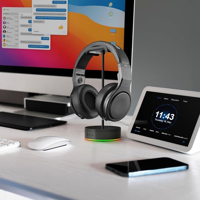 Rotating Headphone Display Stand for Desk with LED Lights - Spinning Gaming Headset Stand (Black) - Image 4
